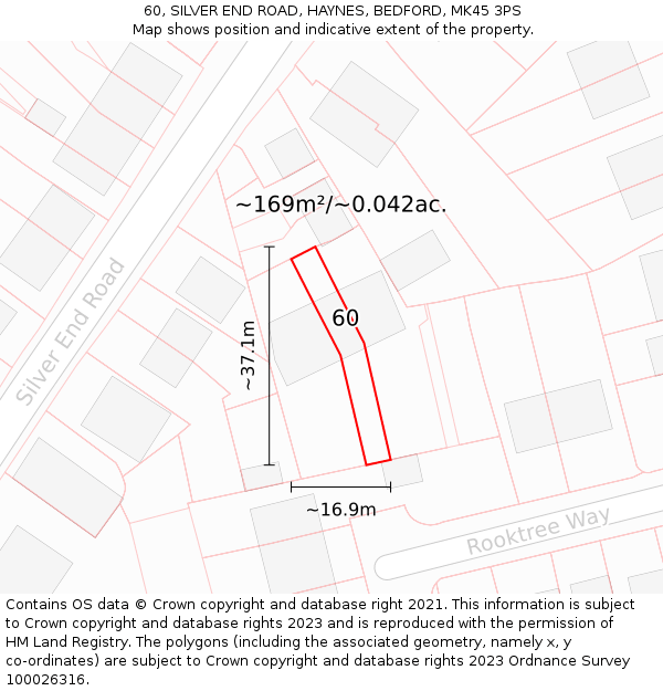 60, SILVER END ROAD, HAYNES, BEDFORD, MK45 3PS: Plot and title map