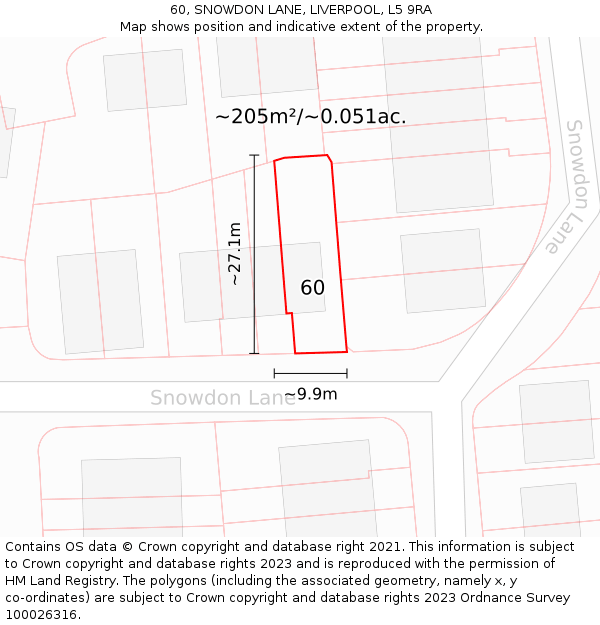 60, SNOWDON LANE, LIVERPOOL, L5 9RA: Plot and title map