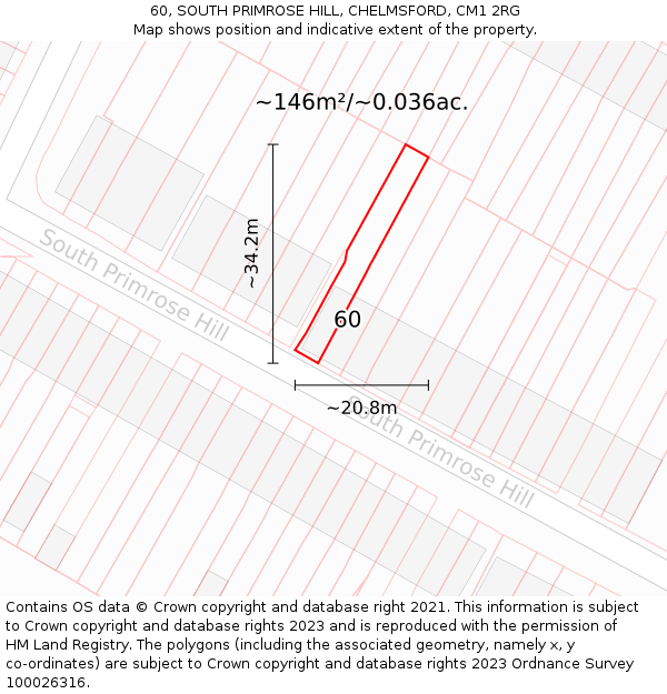 60, SOUTH PRIMROSE HILL, CHELMSFORD, CM1 2RG: Plot and title map