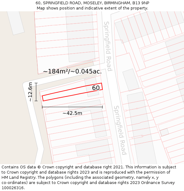 60, SPRINGFIELD ROAD, MOSELEY, BIRMINGHAM, B13 9NP: Plot and title map