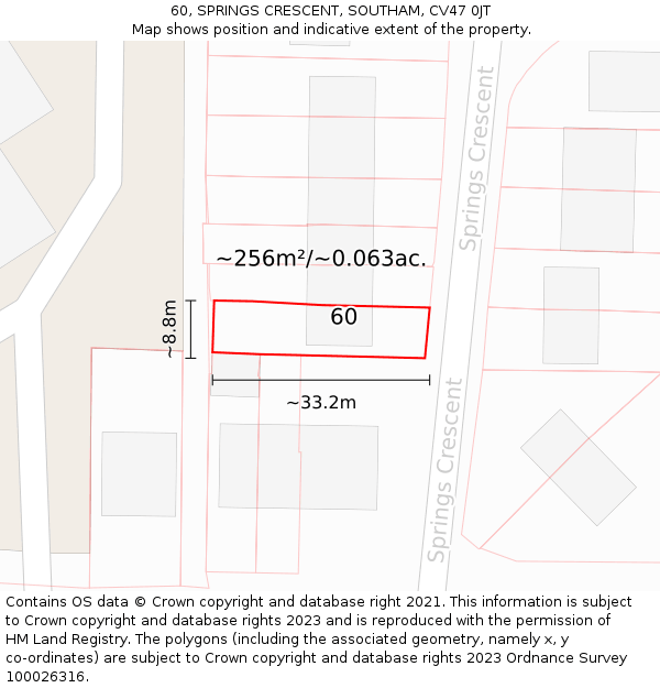 60, SPRINGS CRESCENT, SOUTHAM, CV47 0JT: Plot and title map