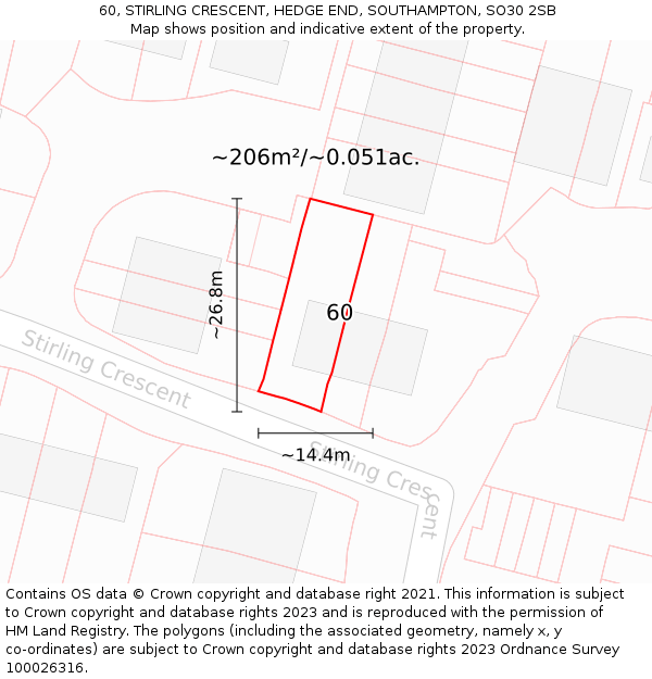 60, STIRLING CRESCENT, HEDGE END, SOUTHAMPTON, SO30 2SB: Plot and title map