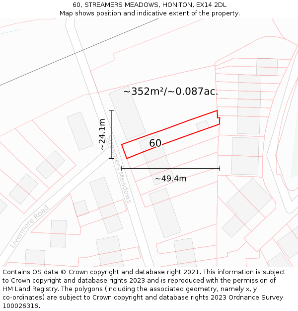 60, STREAMERS MEADOWS, HONITON, EX14 2DL: Plot and title map