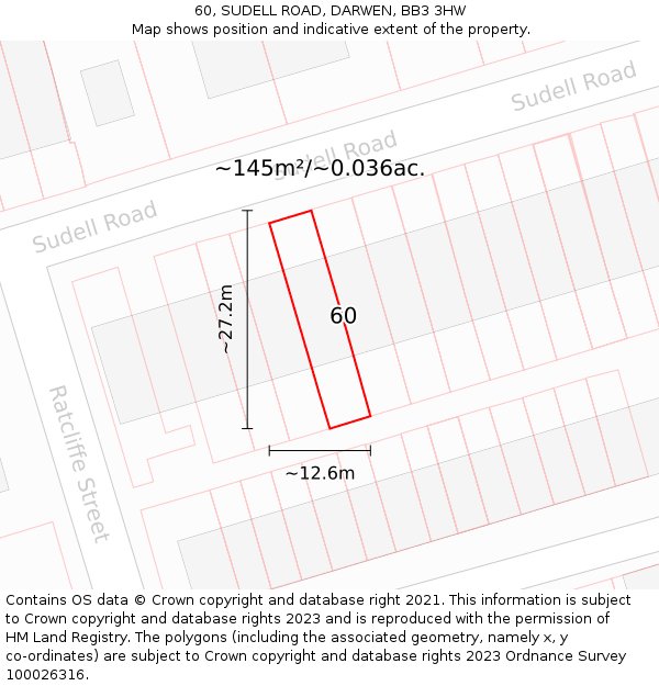 60, SUDELL ROAD, DARWEN, BB3 3HW: Plot and title map