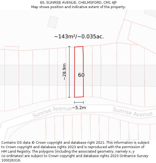 60, SUNRISE AVENUE, CHELMSFORD, CM1 4JP: Plot and title map