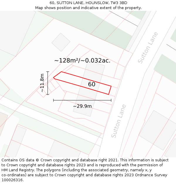 60, SUTTON LANE, HOUNSLOW, TW3 3BD: Plot and title map