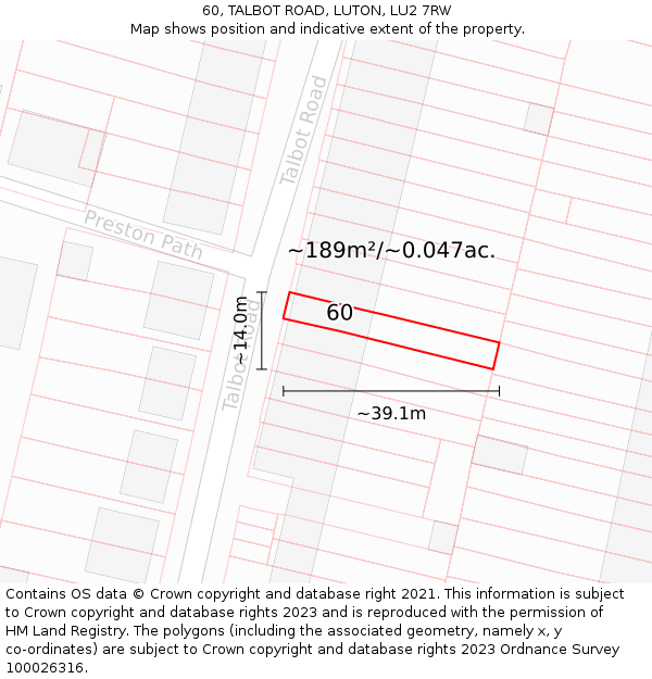 60, TALBOT ROAD, LUTON, LU2 7RW: Plot and title map