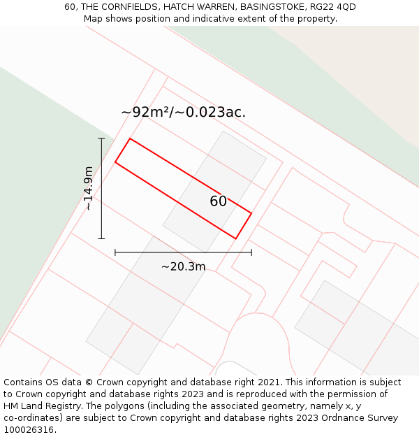60, THE CORNFIELDS, HATCH WARREN, BASINGSTOKE, RG22 4QD: Plot and title map