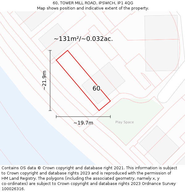 60, TOWER MILL ROAD, IPSWICH, IP1 4QG: Plot and title map
