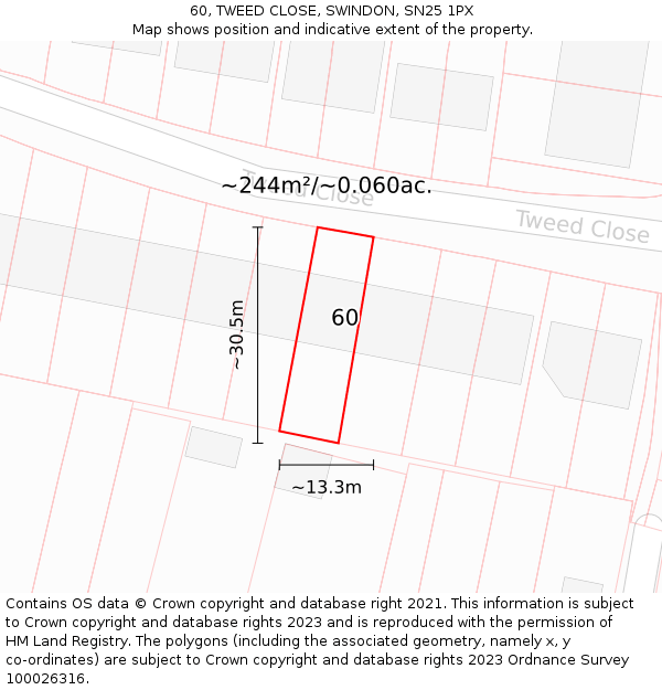 60, TWEED CLOSE, SWINDON, SN25 1PX: Plot and title map