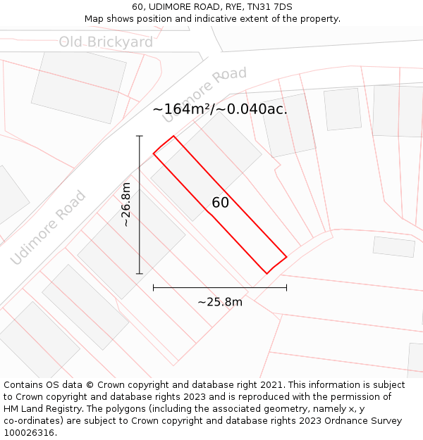 60, UDIMORE ROAD, RYE, TN31 7DS: Plot and title map