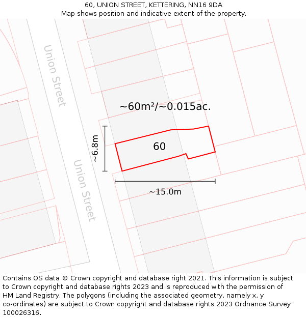 60, UNION STREET, KETTERING, NN16 9DA: Plot and title map