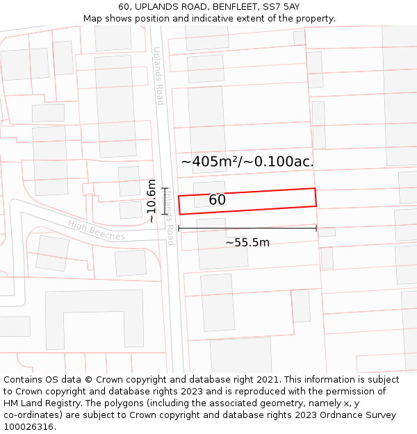 60, UPLANDS ROAD, BENFLEET, SS7 5AY: Plot and title map