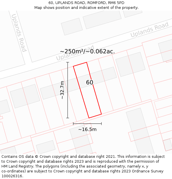 60, UPLANDS ROAD, ROMFORD, RM6 5PD: Plot and title map