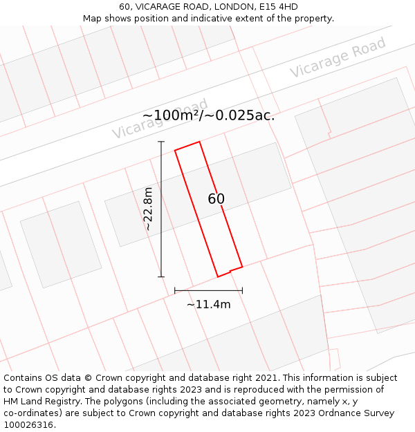 60, VICARAGE ROAD, LONDON, E15 4HD: Plot and title map
