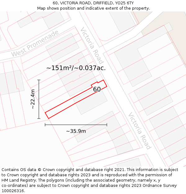 60, VICTORIA ROAD, DRIFFIELD, YO25 6TY: Plot and title map