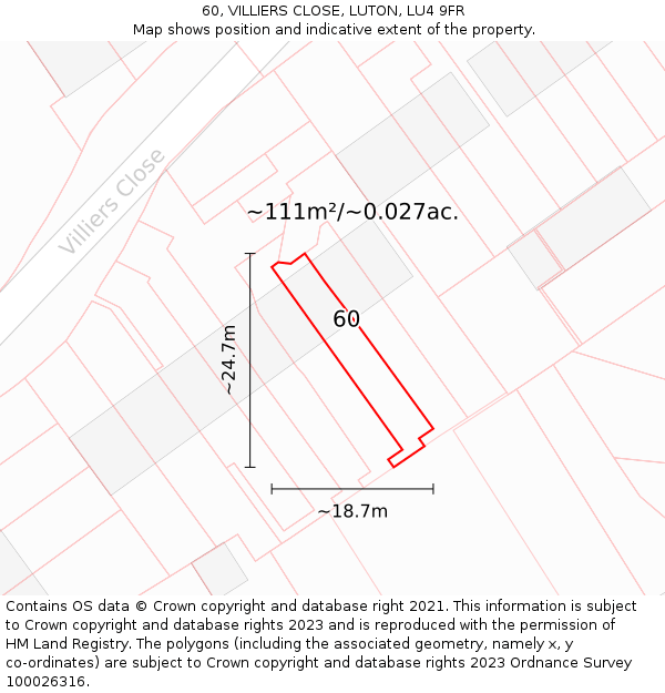 60, VILLIERS CLOSE, LUTON, LU4 9FR: Plot and title map
