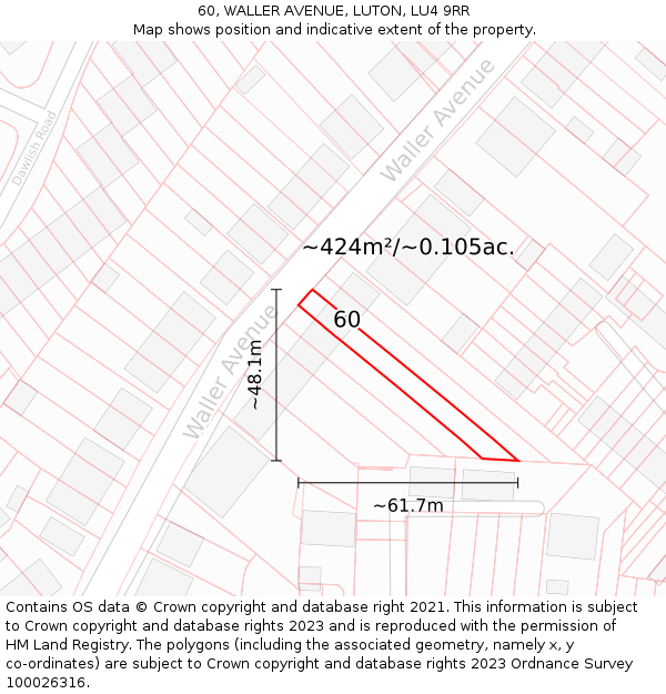 60, WALLER AVENUE, LUTON, LU4 9RR: Plot and title map