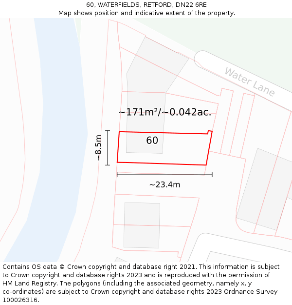 60, WATERFIELDS, RETFORD, DN22 6RE: Plot and title map