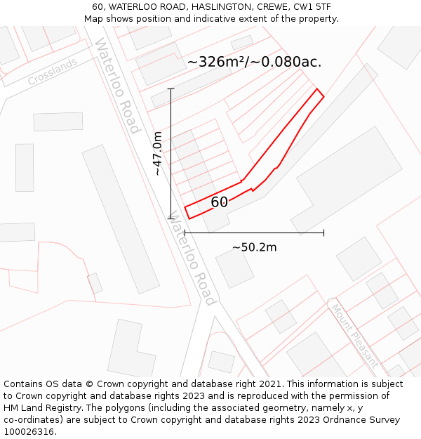60, WATERLOO ROAD, HASLINGTON, CREWE, CW1 5TF: Plot and title map
