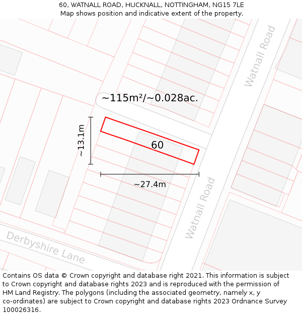 60, WATNALL ROAD, HUCKNALL, NOTTINGHAM, NG15 7LE: Plot and title map