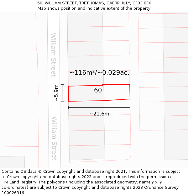 60, WILLIAM STREET, TRETHOMAS, CAERPHILLY, CF83 8FX: Plot and title map