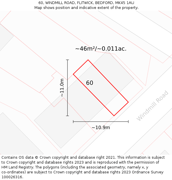 60, WINDMILL ROAD, FLITWICK, BEDFORD, MK45 1AU: Plot and title map