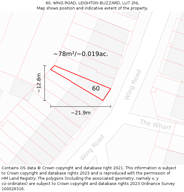 60, WING ROAD, LEIGHTON BUZZARD, LU7 2NL: Plot and title map