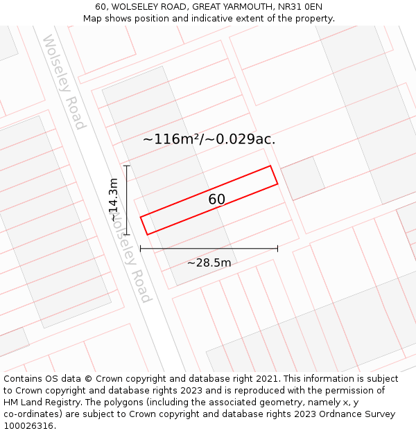 60, WOLSELEY ROAD, GREAT YARMOUTH, NR31 0EN: Plot and title map