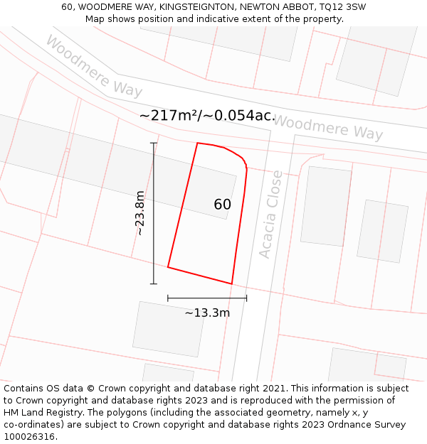 60, WOODMERE WAY, KINGSTEIGNTON, NEWTON ABBOT, TQ12 3SW: Plot and title map