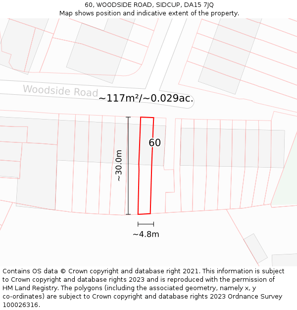60, WOODSIDE ROAD, SIDCUP, DA15 7JQ: Plot and title map