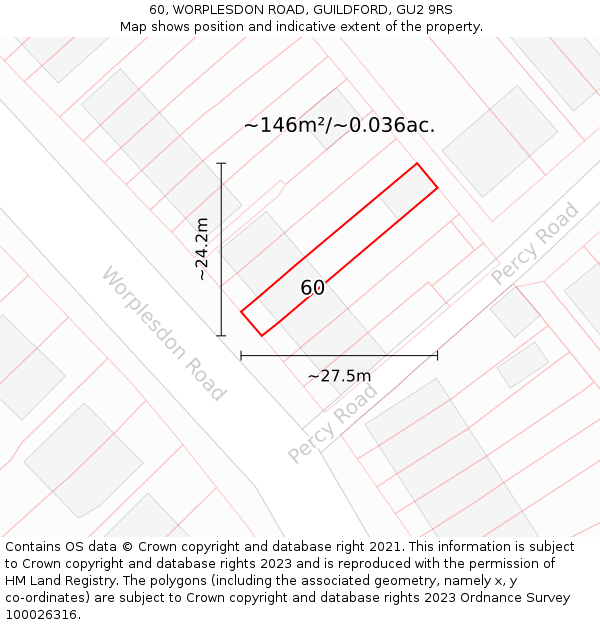 60, WORPLESDON ROAD, GUILDFORD, GU2 9RS: Plot and title map