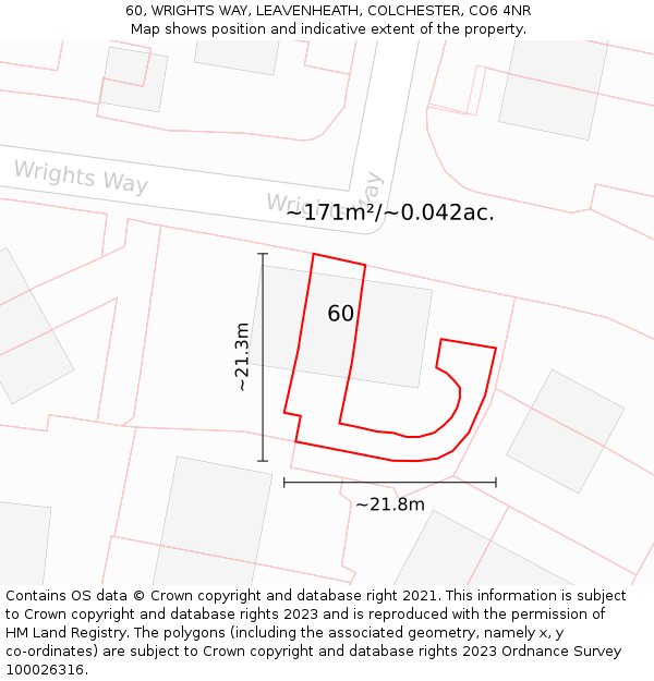 60, WRIGHTS WAY, LEAVENHEATH, COLCHESTER, CO6 4NR: Plot and title map