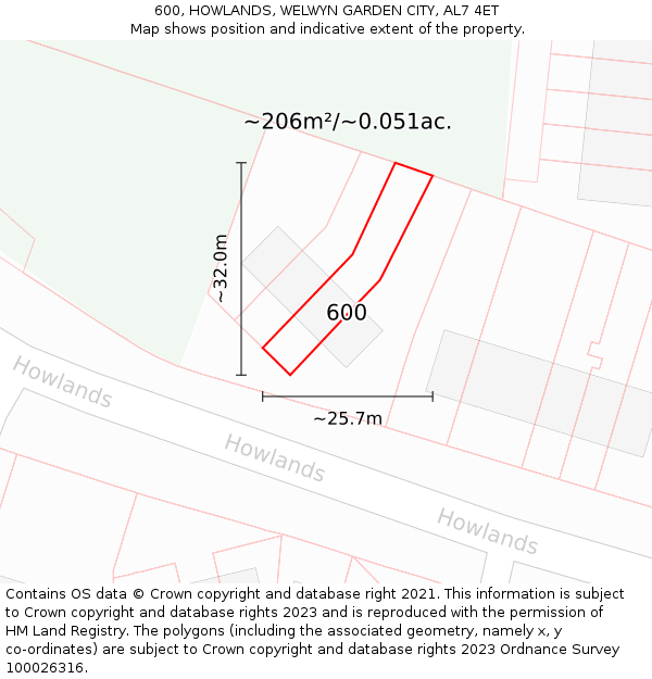 600, HOWLANDS, WELWYN GARDEN CITY, AL7 4ET: Plot and title map