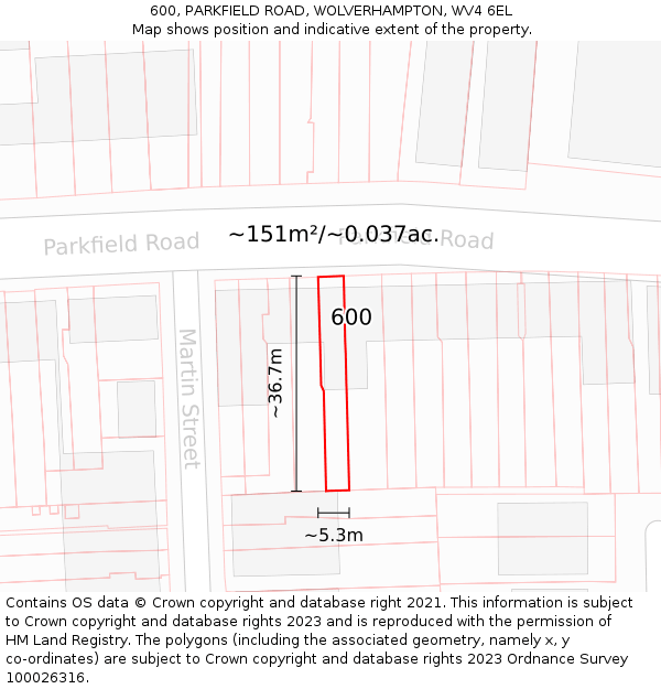 600, PARKFIELD ROAD, WOLVERHAMPTON, WV4 6EL: Plot and title map