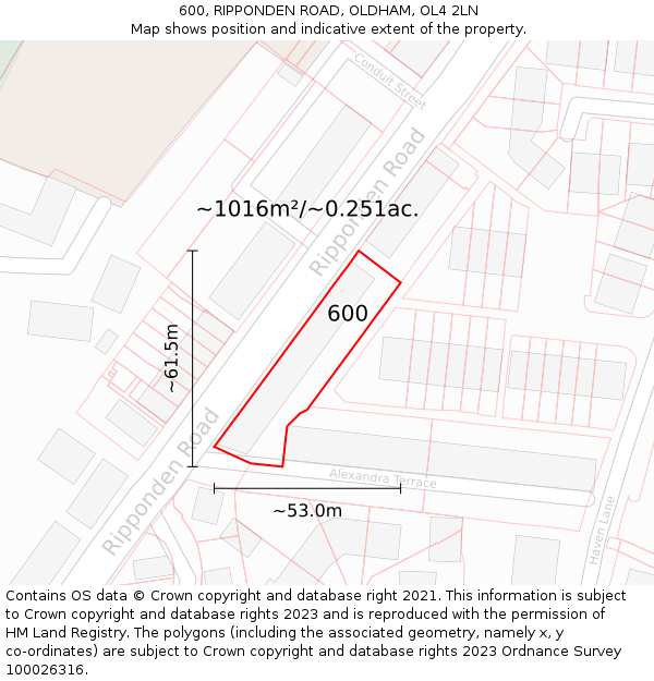 600, RIPPONDEN ROAD, OLDHAM, OL4 2LN: Plot and title map