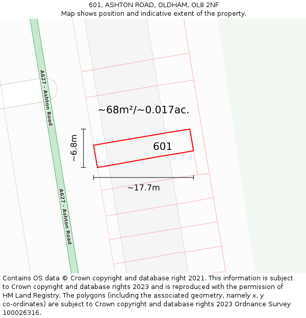 601, ASHTON ROAD, OLDHAM, OL8 2NF: Plot and title map