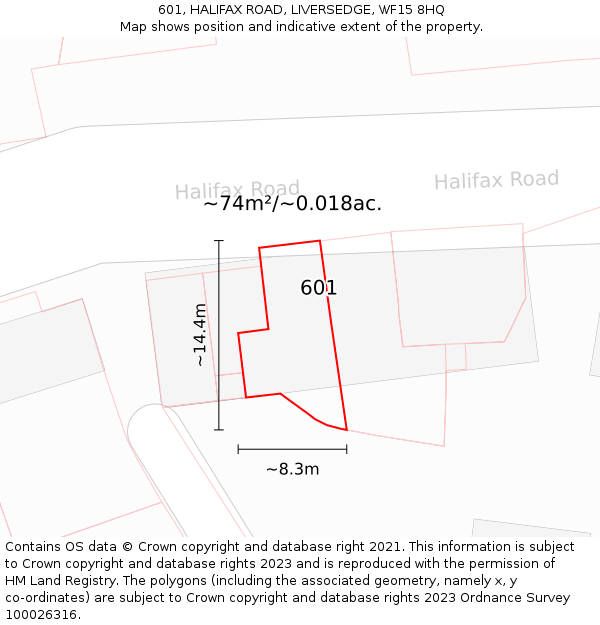 601, HALIFAX ROAD, LIVERSEDGE, WF15 8HQ: Plot and title map