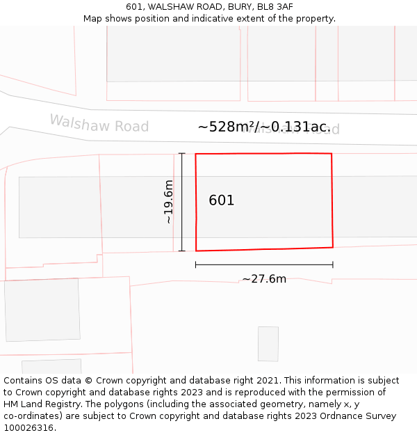 601, WALSHAW ROAD, BURY, BL8 3AF: Plot and title map