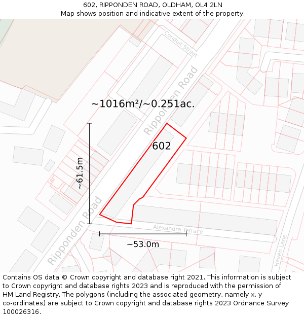 602, RIPPONDEN ROAD, OLDHAM, OL4 2LN: Plot and title map