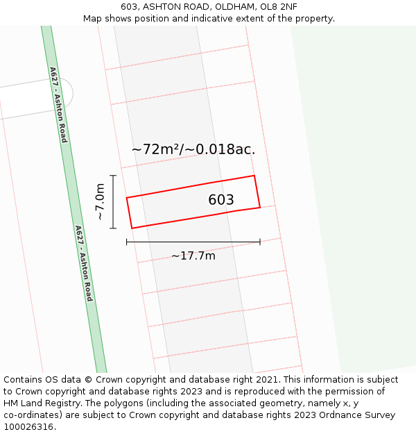 603, ASHTON ROAD, OLDHAM, OL8 2NF: Plot and title map