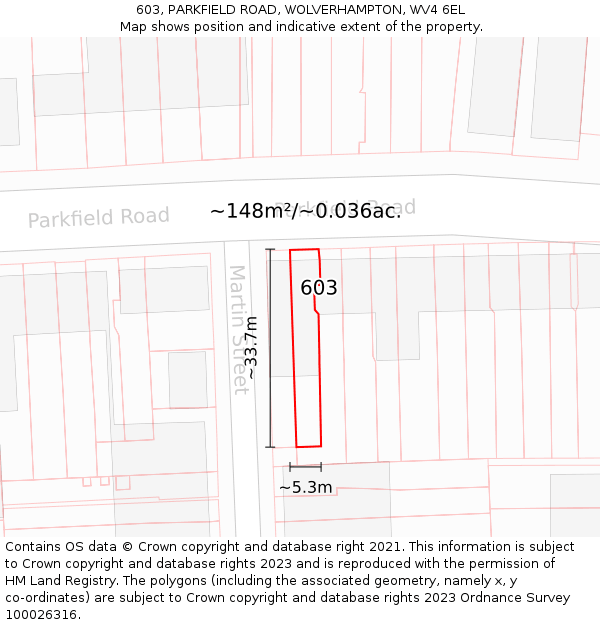 603, PARKFIELD ROAD, WOLVERHAMPTON, WV4 6EL: Plot and title map