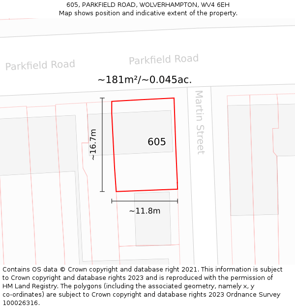 605, PARKFIELD ROAD, WOLVERHAMPTON, WV4 6EH: Plot and title map