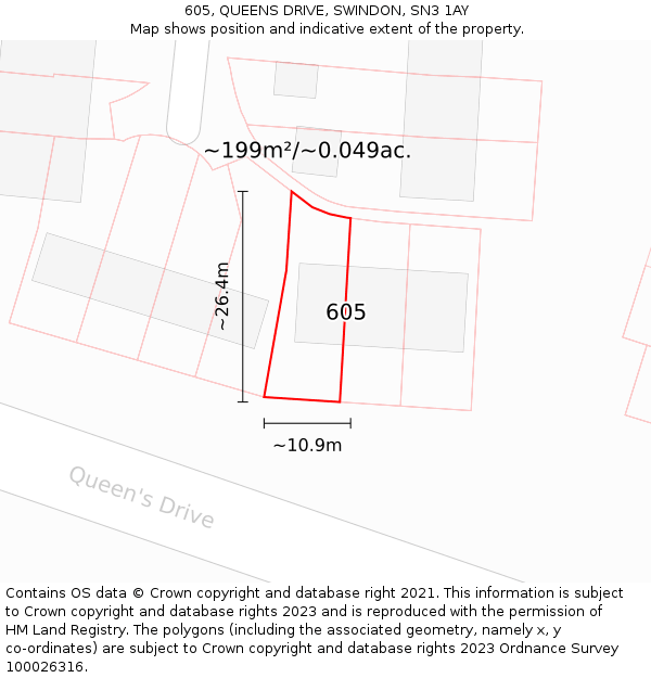 605, QUEENS DRIVE, SWINDON, SN3 1AY: Plot and title map