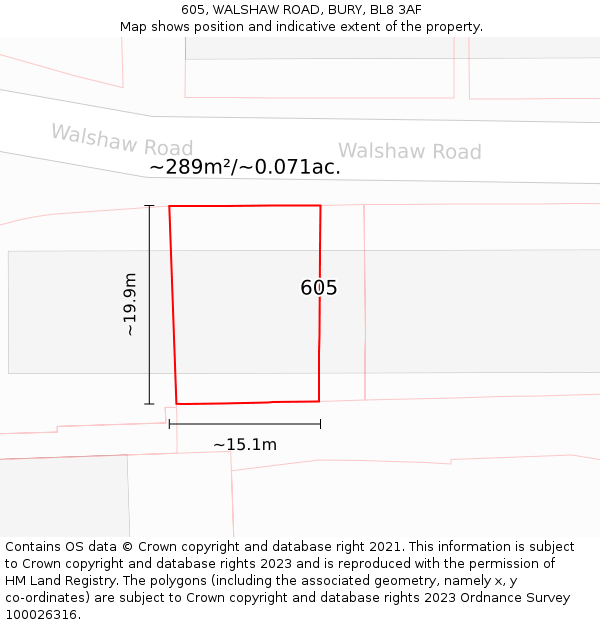 605, WALSHAW ROAD, BURY, BL8 3AF: Plot and title map