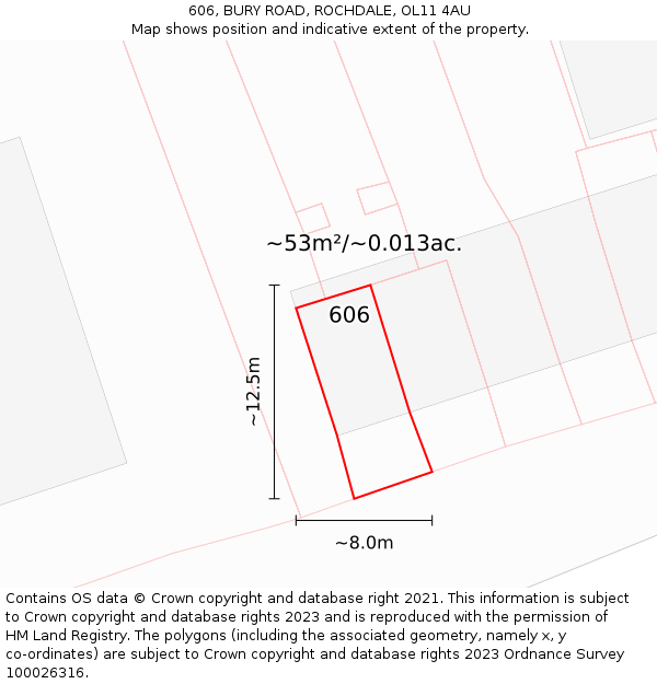 606, BURY ROAD, ROCHDALE, OL11 4AU: Plot and title map
