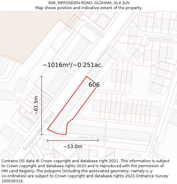 606, RIPPONDEN ROAD, OLDHAM, OL4 2LN: Plot and title map