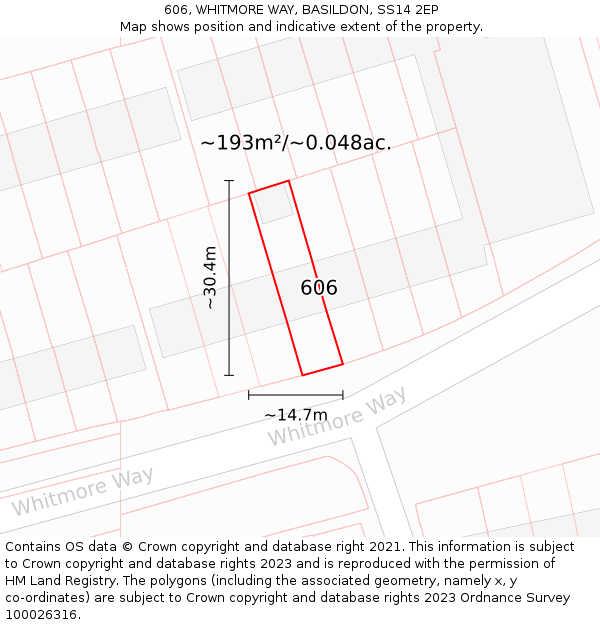 606, WHITMORE WAY, BASILDON, SS14 2EP: Plot and title map