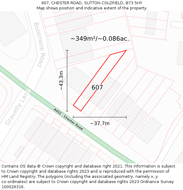 607, CHESTER ROAD, SUTTON COLDFIELD, B73 5HY: Plot and title map