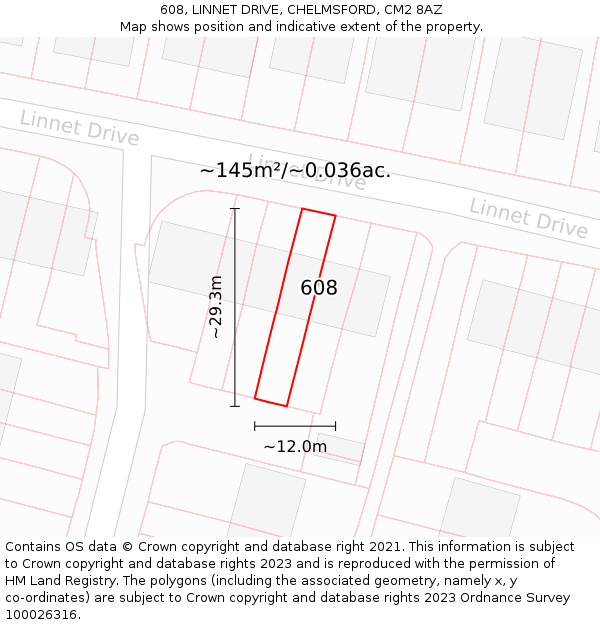 608, LINNET DRIVE, CHELMSFORD, CM2 8AZ: Plot and title map